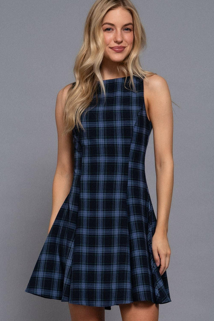 Women's Dresses - Sleeveless Boat Neck Swing Plaid Woven Mini Dress - - Cultured Cloths Apparel