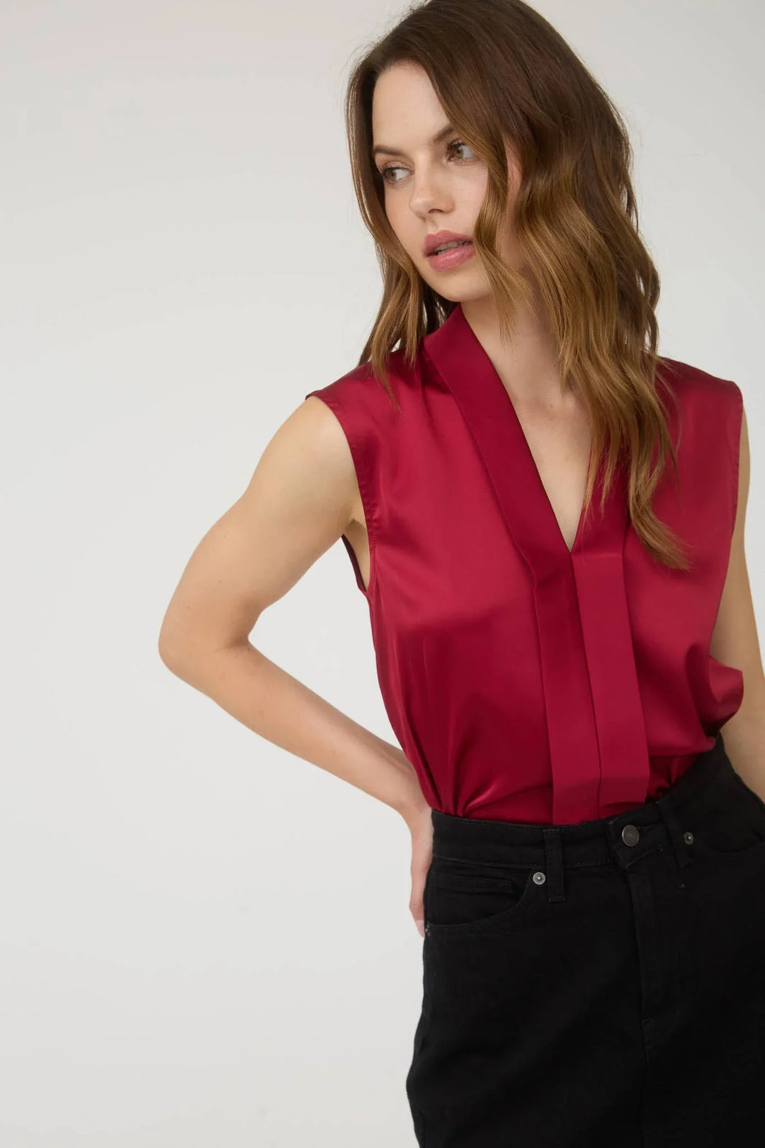Women's Sleeveless - SATIN COLLARED SLEEVELESS BLOUSE - - Cultured Cloths Apparel