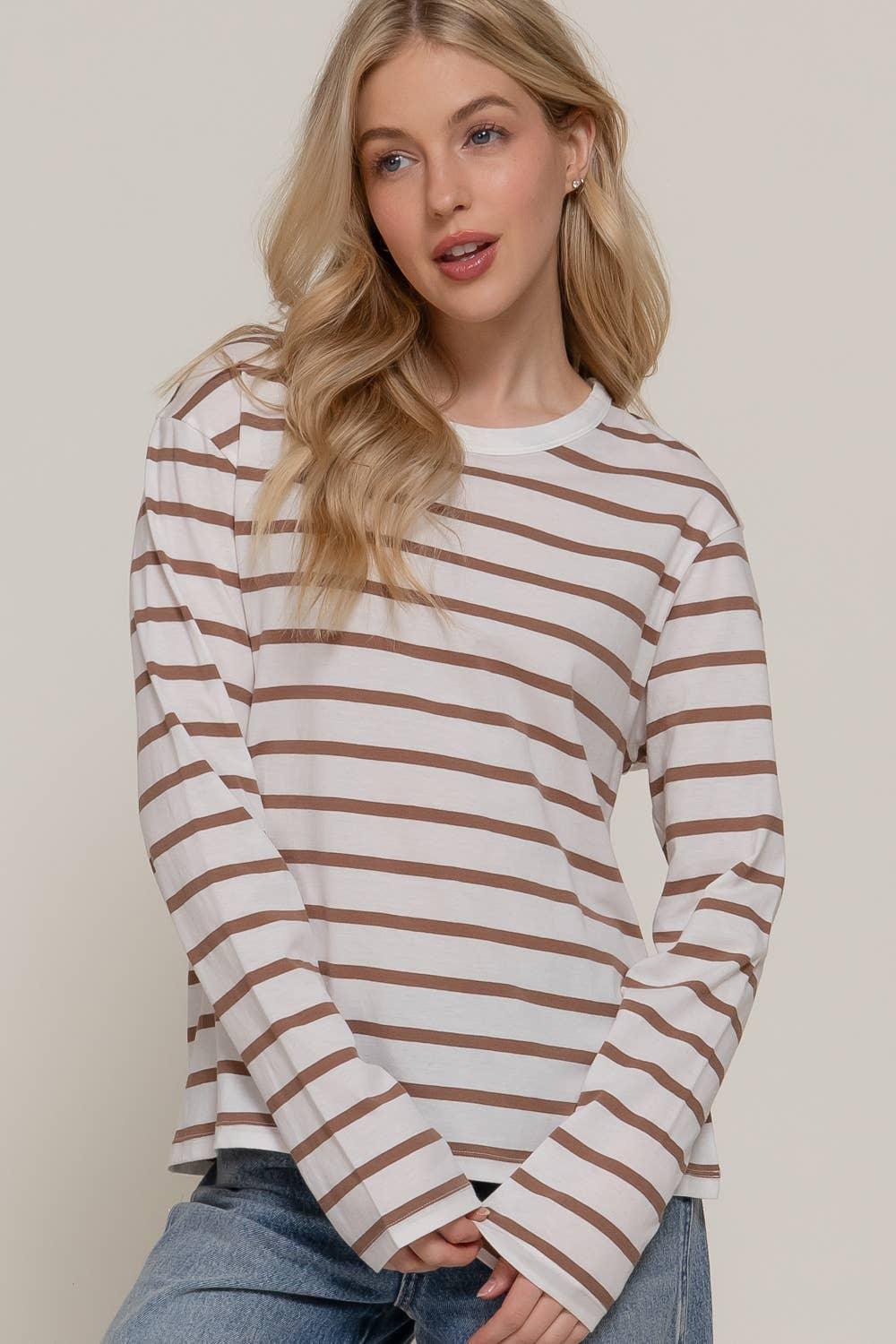 Women's Long Sleeve - Long Sleeve Round Neck Neck Stripe Tee - - Cultured Cloths Apparel