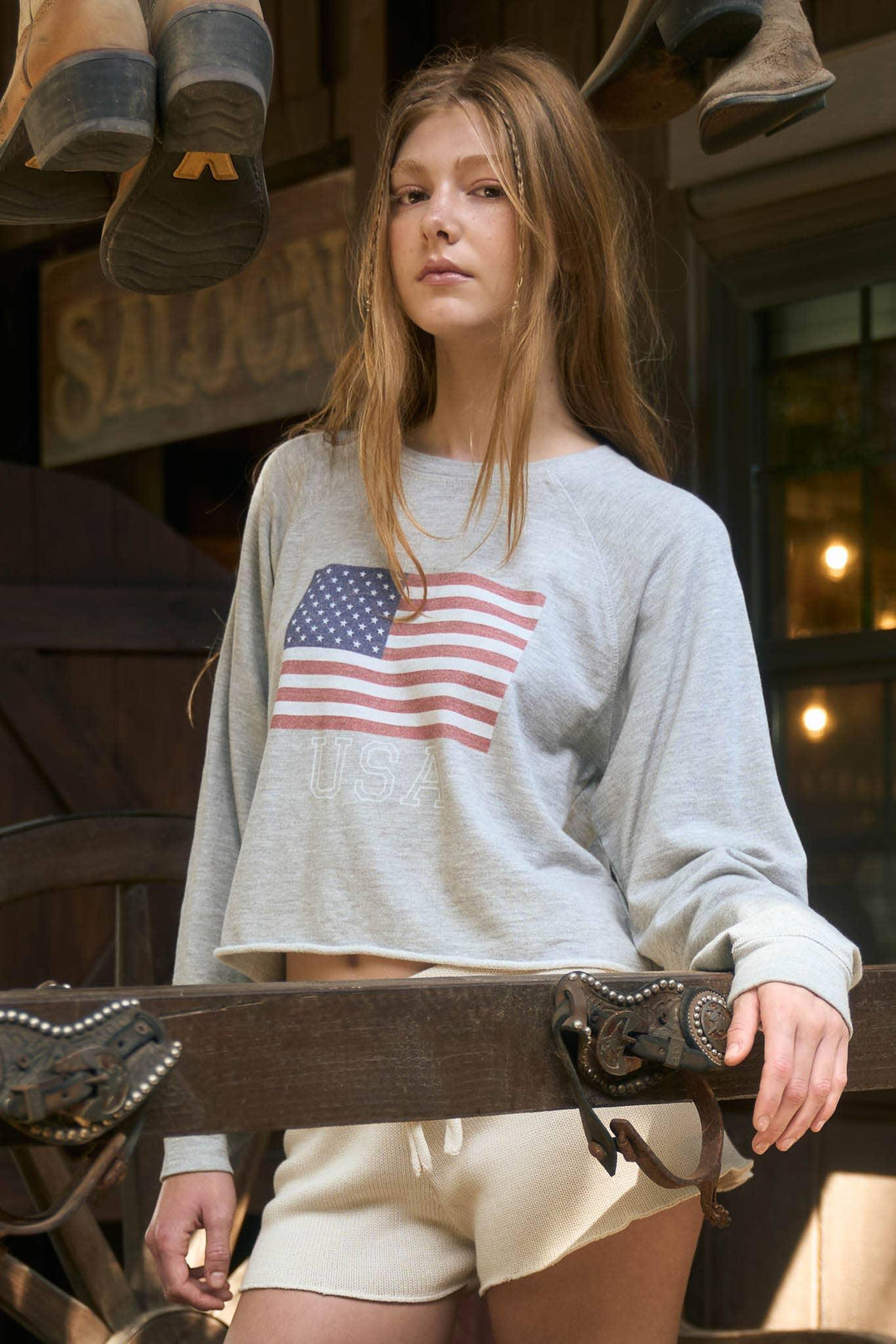 USA FLAG LONG SLEEVE RAW HEM KNIT TOP