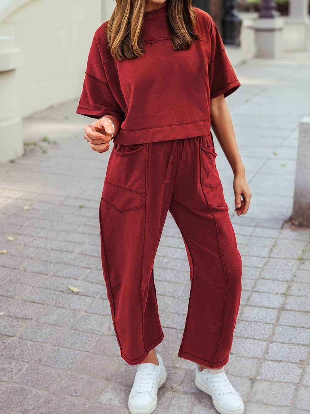 Athleisure - Pink Daily High Waist Short Sleeve Basis Pants Set - - Cultured Cloths Apparel