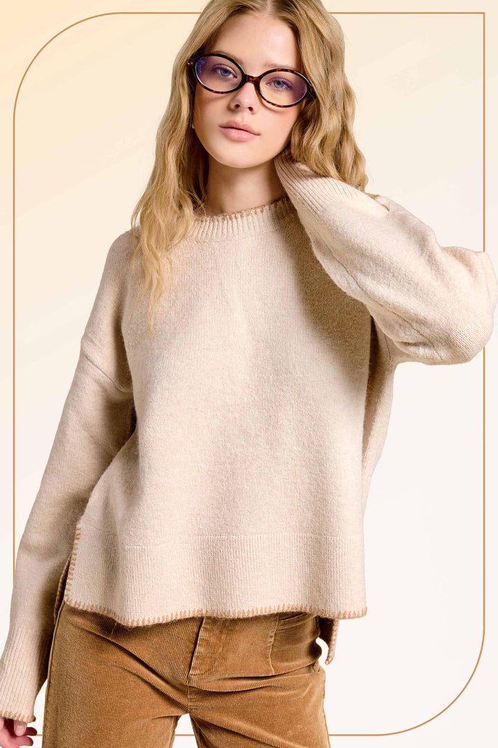 Hi-Low Crew Neck Sweater W/ Contrast Blanket Stitch