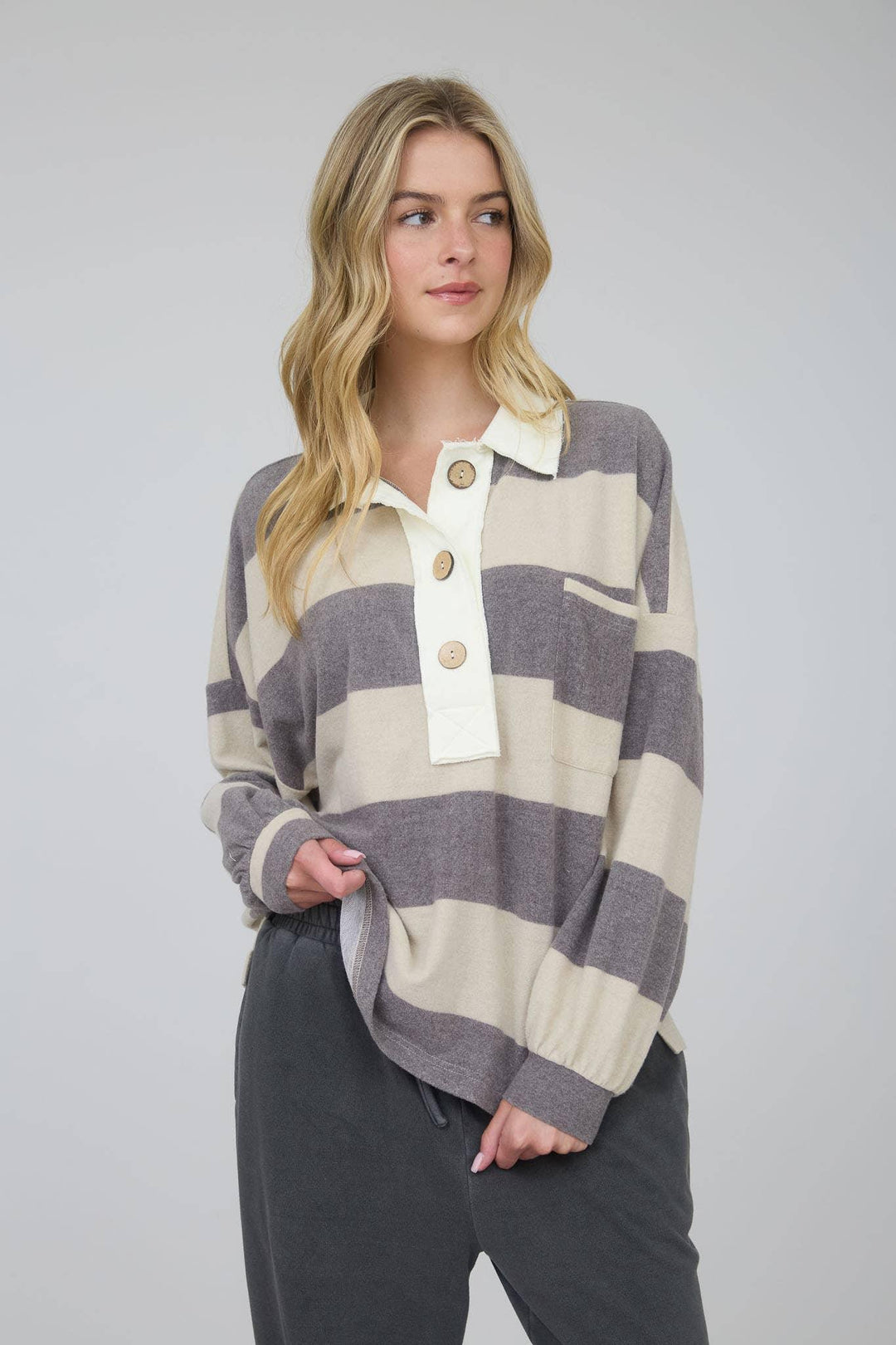 Women's Long Sleeve - WASHED STRIPE CONTRAST COLLAR LONG SLEEVE KNIT TOP - - Cultured Cloths Apparel
