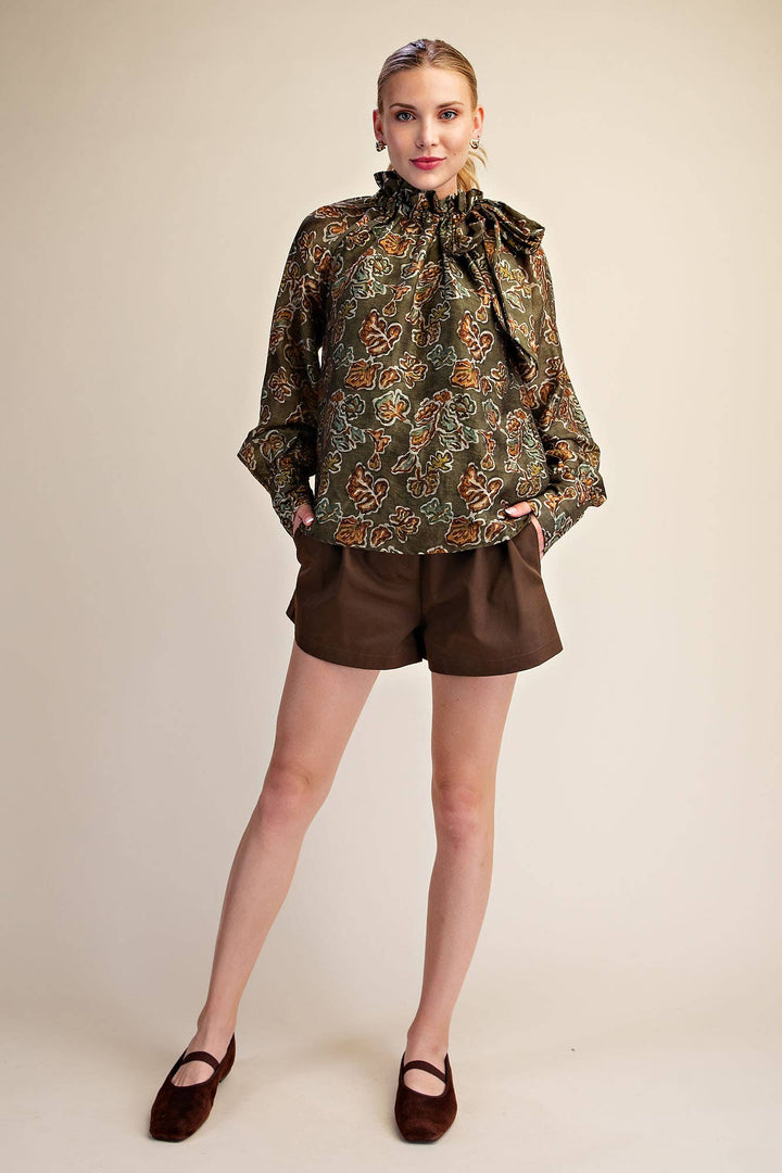 Ruffle Tie Neck Long Sleeve Print Blouse