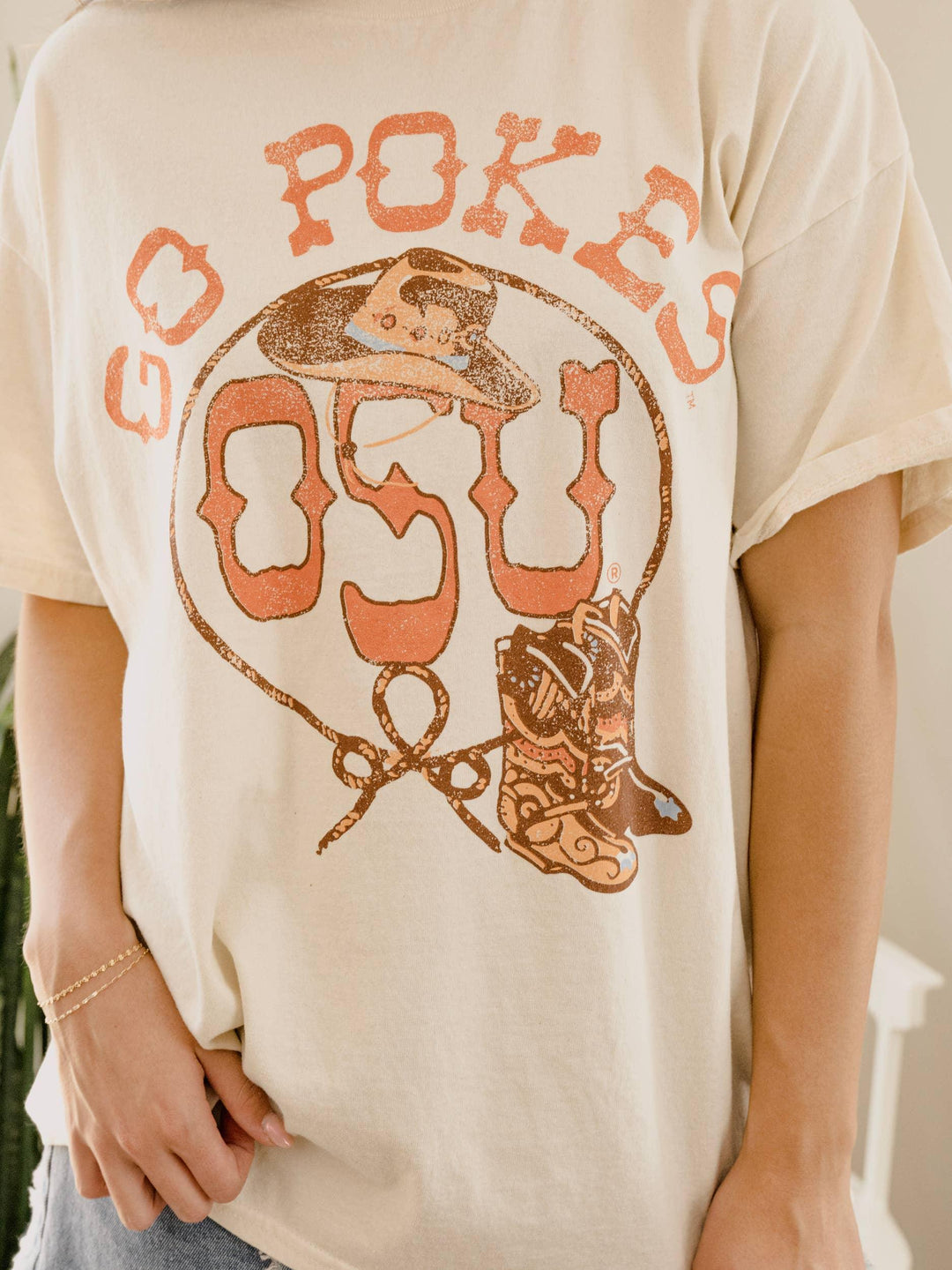 Graphic T-Shirts - Oklahoma State OSU Cowboys Boots Off White Thrifted Tee - - Cultured Cloths Apparel