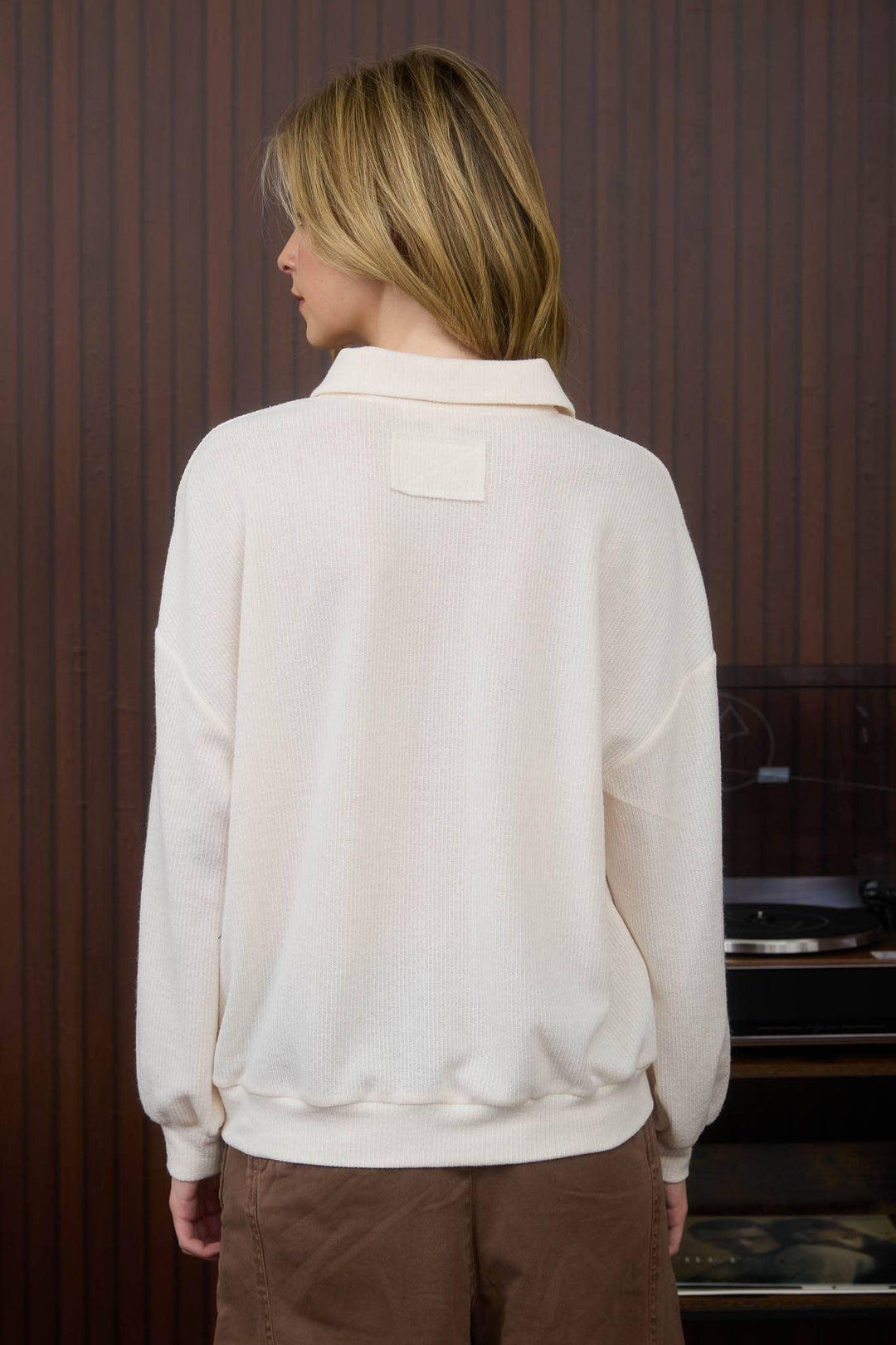COLLARED HALF SNAP BUTTON LONG SLEEVE KNIT TOP