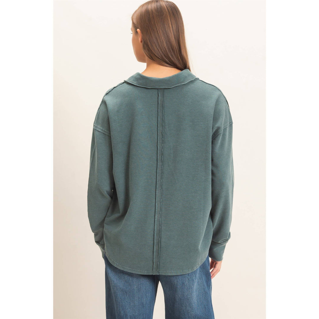 Mineral Washed Polo Collar Long Sleeve Top