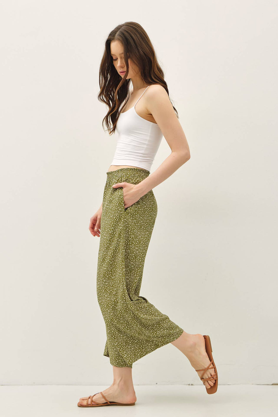 Pants - DITSY PRINTED CROP PANTS W/ ELASTIC WAISTBAND - - Cultured Cloths Apparel