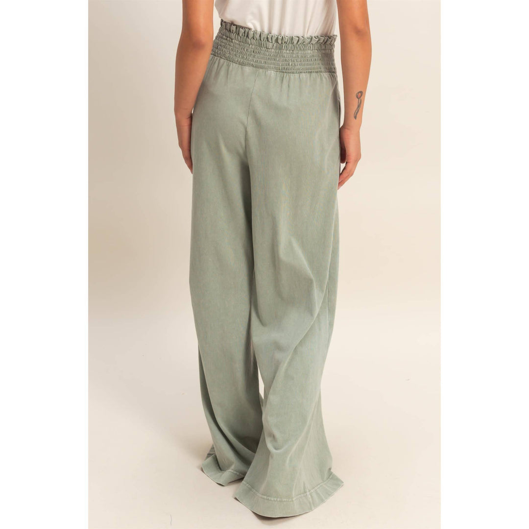 Mineral Washed Wide-Leg Smocked Waist Pants