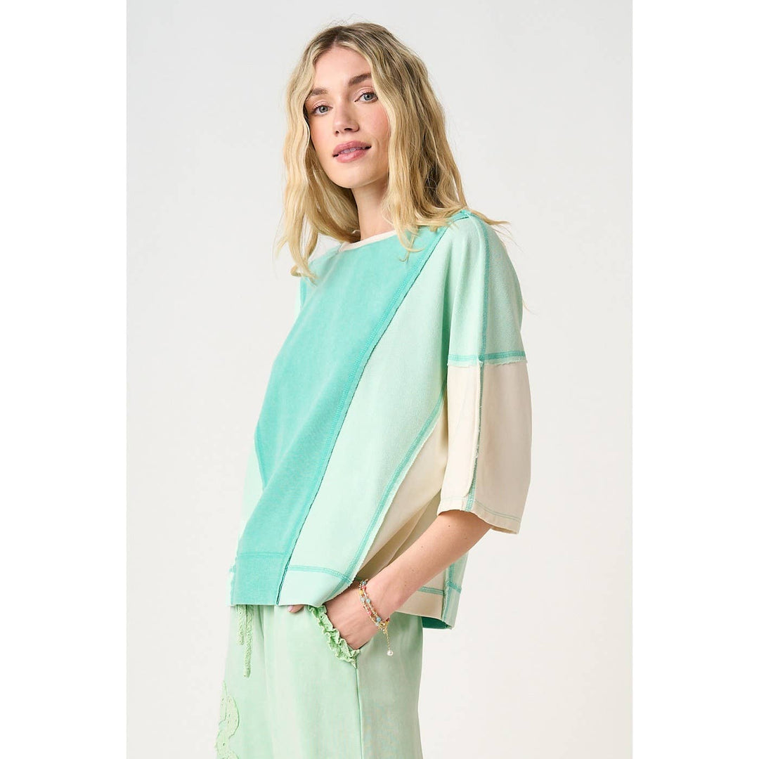 Women's Short Sleeve - MINERAL WASH COLOR BLOCK RELAXED FIT SHORT SLEEVE TOP - - Cultured Cloths Apparel