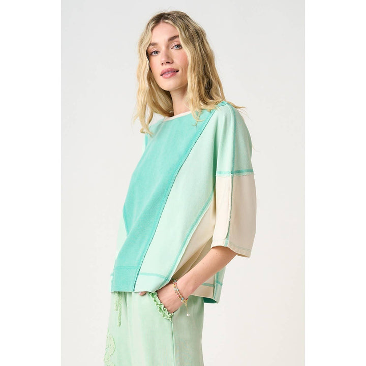 Women's Short Sleeve - MINERAL WASH COLOR BLOCK RELAXED FIT SHORT SLEEVE TOP - - Cultured Cloths Apparel