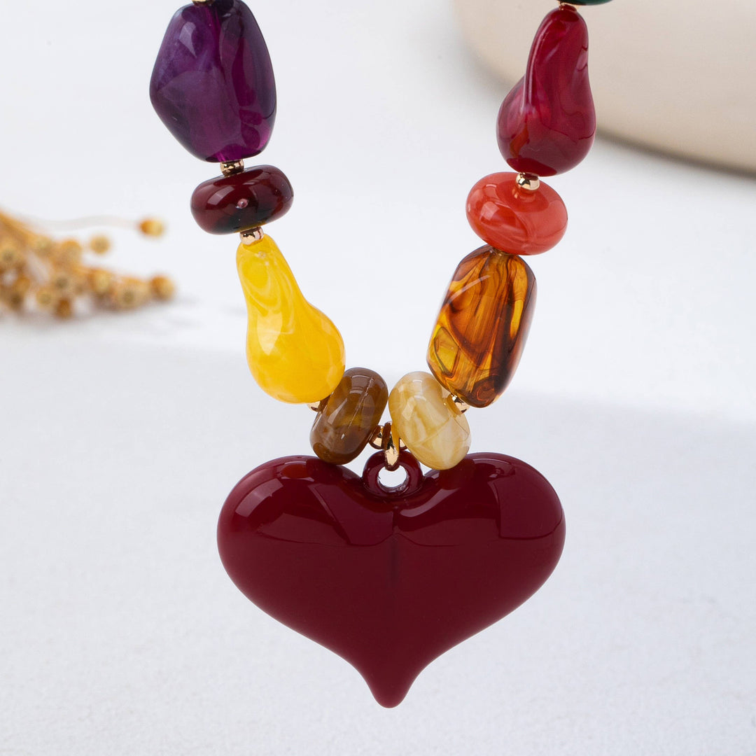 Accessories, Necklaces - Chunky Multicolor Bead Heart Pendant Necklace | 80N93690 - - Cultured Cloths Apparel