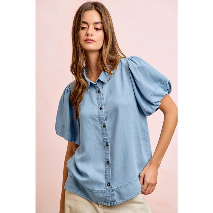 Women's Short Sleeve - PUFF SLEEVES WASHED TENCEL SHIRT TOP - - Cultured Cloths Apparel
