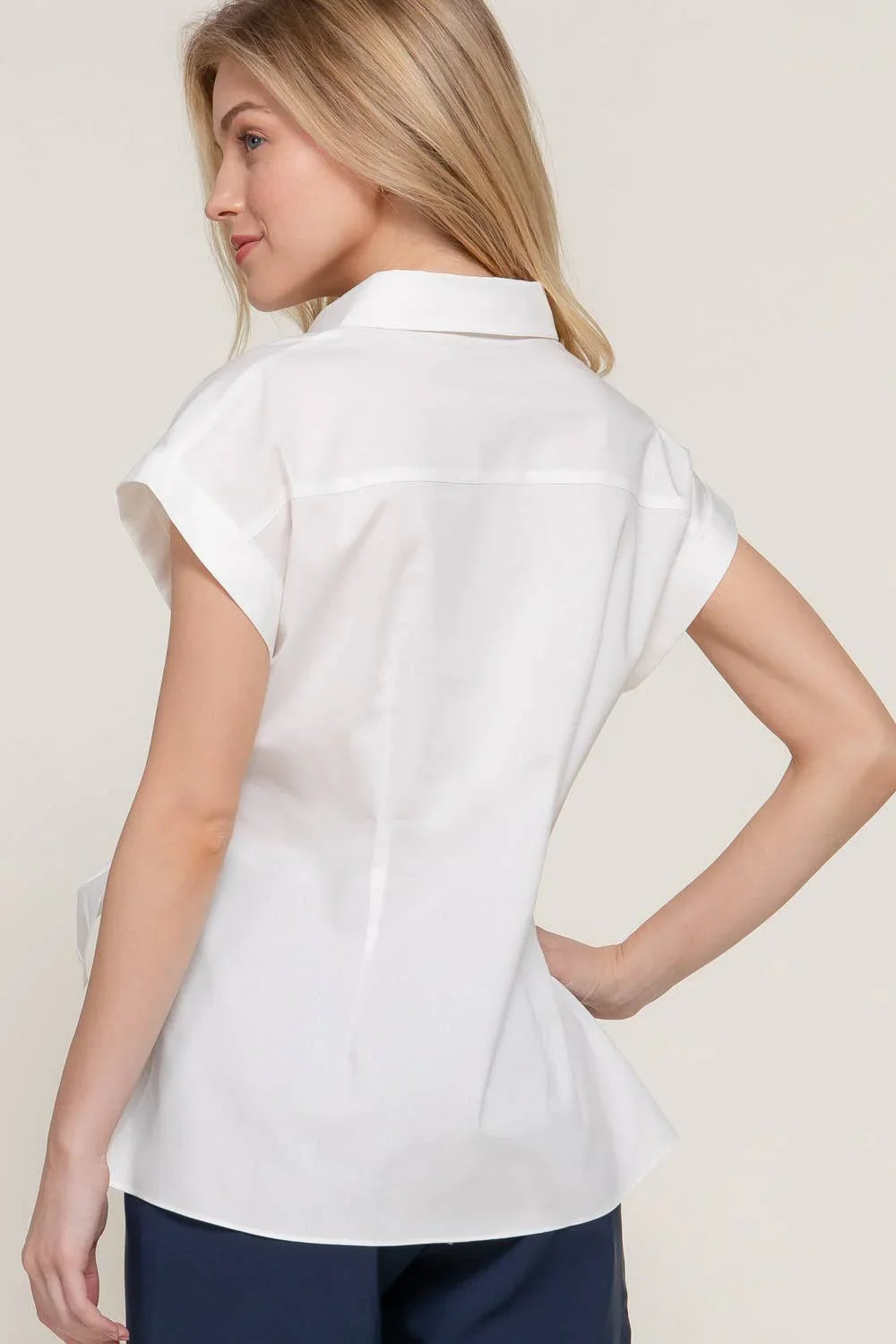 Women's Short Sleeve - Short Dolman Sleeve Button Down Side Knot Poplin Shirt - - Cultured Cloths Apparel