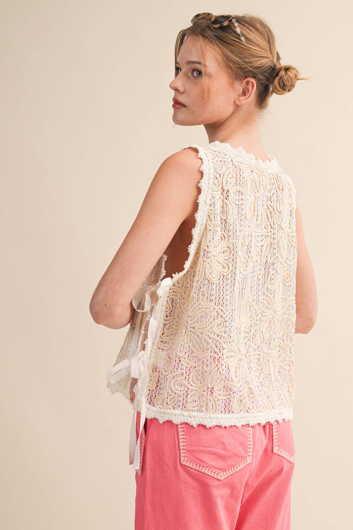 - FLORAL CROCHET TANK WITH SIDE TYING DETAIL MTP4770 - - Cultured Cloths Apparel
