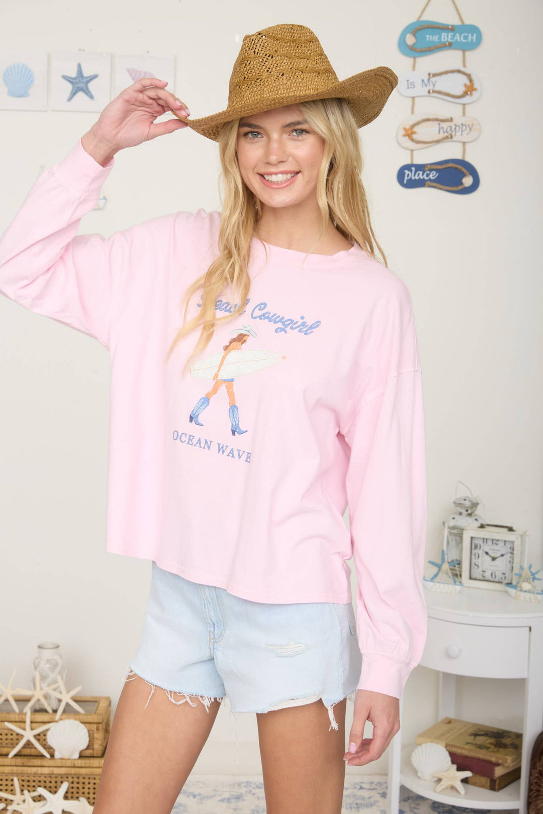 Graphic T-Shirts - BEACH COWGIRL LONG SLEEVE KNIT TOP - - Cultured Cloths Apparel