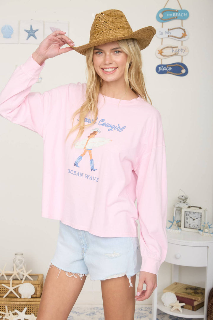 Graphic T-Shirts - BEACH COWGIRL LONG SLEEVE KNIT TOP - - Cultured Cloths Apparel