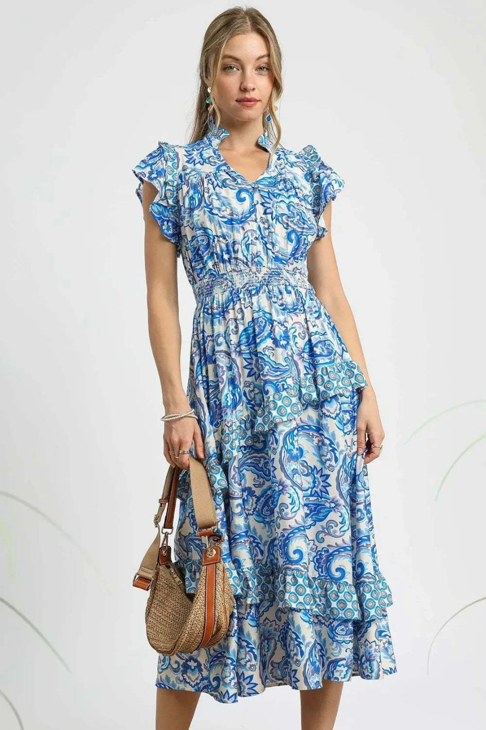 Women's Dresses - Umgee Paisley Print Ruffle Sleeve Midi Dress - Royal Blue - Cultured Cloths Apparel