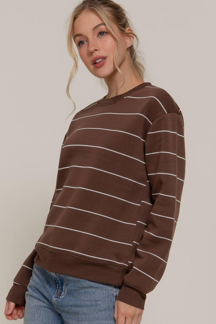 Women's Sweaters - Long Sleeve Engineer Stripe Inner Fleece Sweatshirt - BROWN - Cultured Cloths Apparel