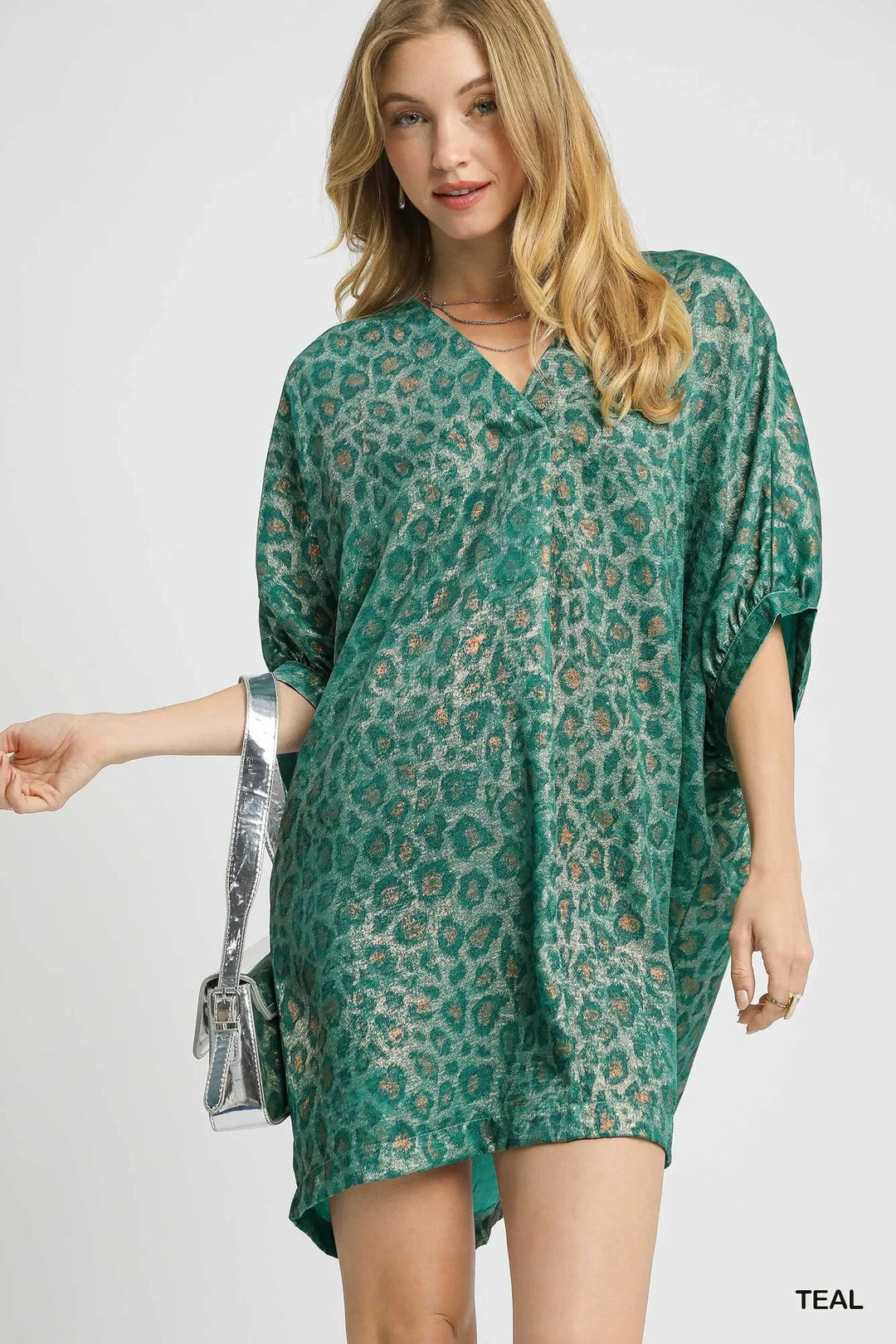 Umgee Metallic Leopard Print V-Neck Kimono Dress Teal / L Umgee Metallic Leopard Print V-Neck Kimono Dress Teal / L
