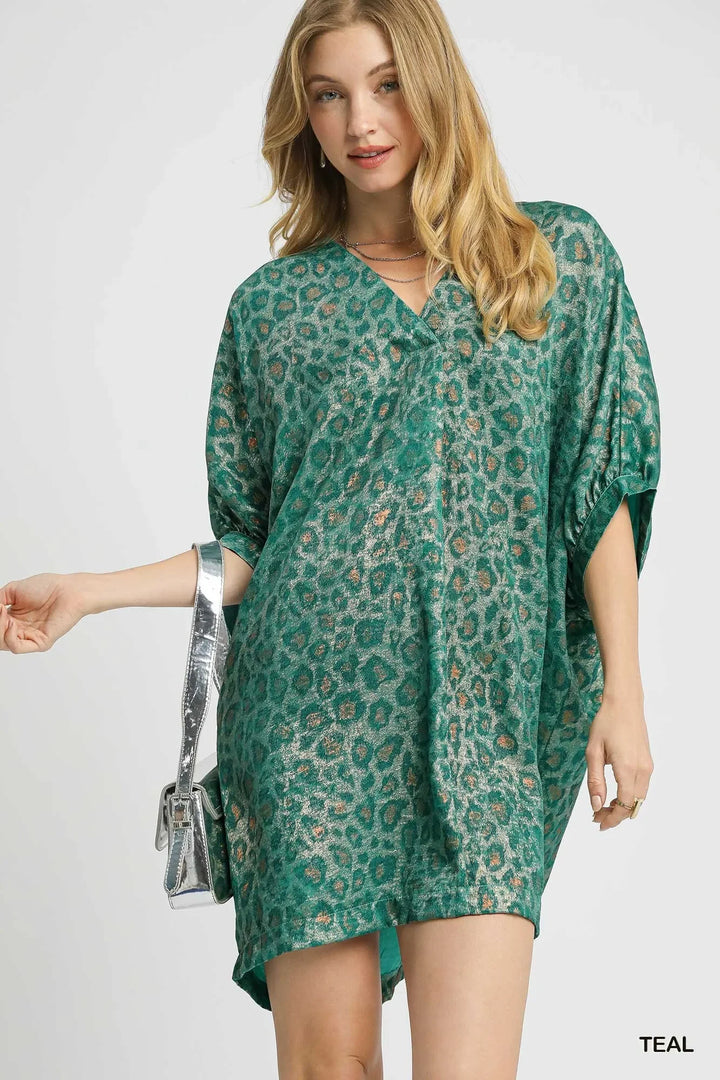 Women's Dresses - Umgee Metallic Leopard Print V-Neck Kimono Dress - TEAL - Cultured Cloths Apparel