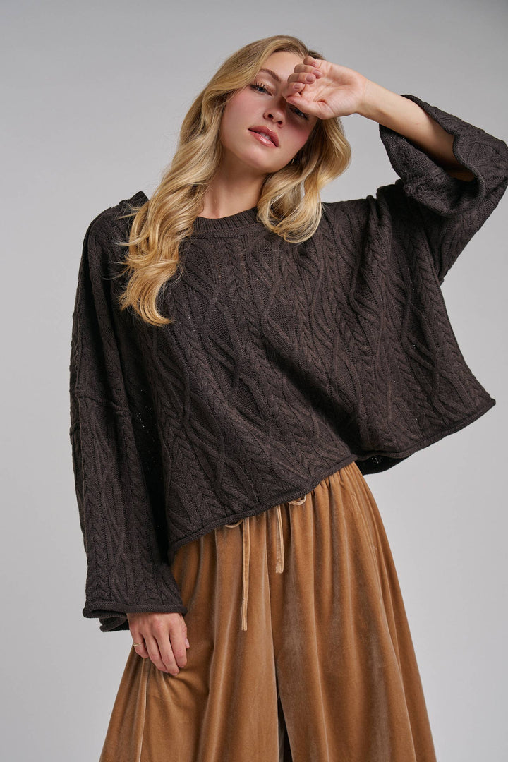 OVERSIZED CABLE KNIT CASUAL BOHO FALL SWEATERTOP