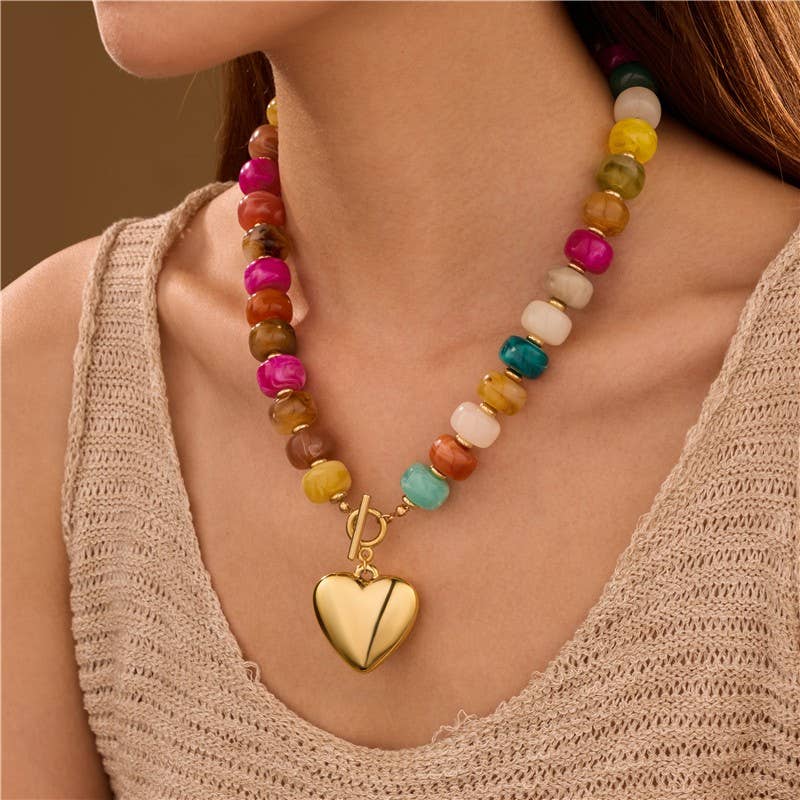 Accessories, Necklaces - MULTI BEADED HEART CHARM TOGGLE NECKLACE | 40NK9700 - Multi - Cultured Cloths Apparel