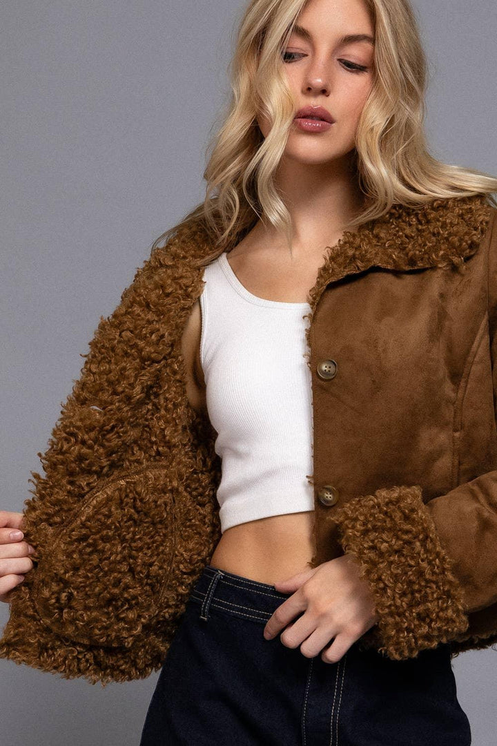 Outerwear - Long Sleeve Inside Fur Detail Penny Lane Suede Short Jacket - - Cultured Cloths Apparel