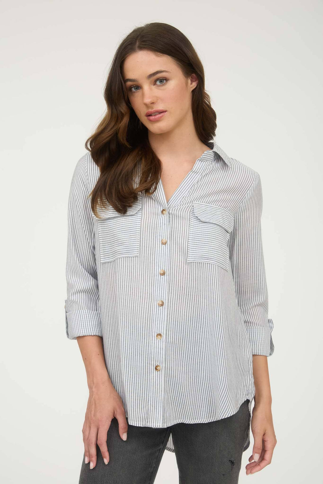 STRIPED COLLARED BUTTON DOWN WITH POCKETS