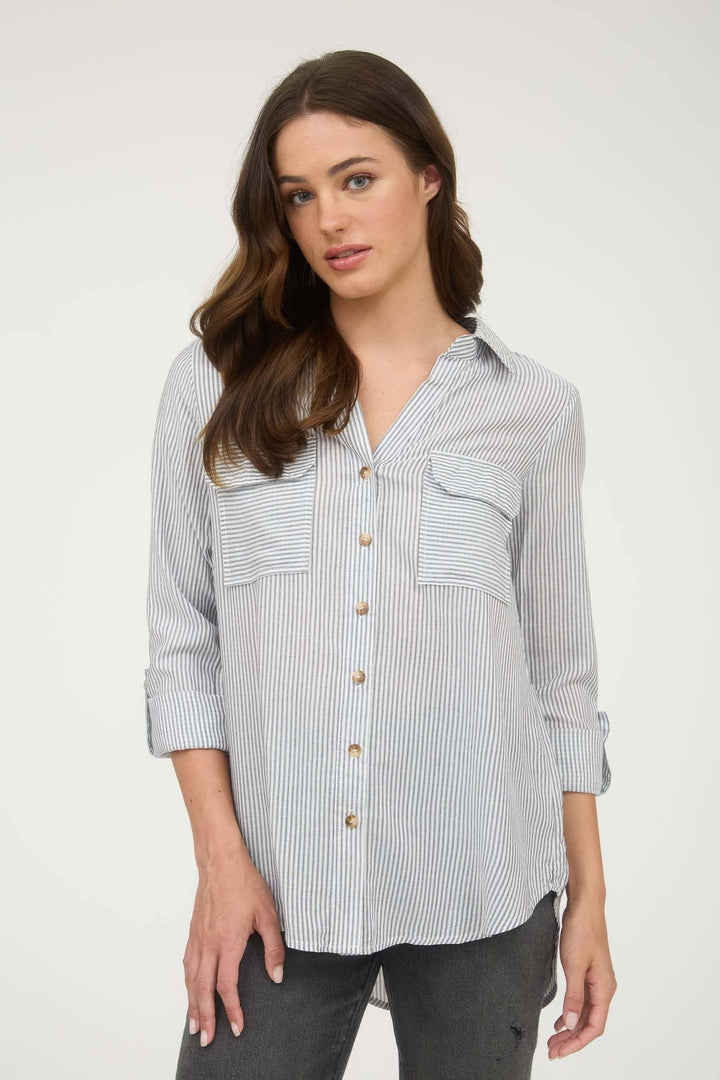 STRIPED COLLARED BUTTON DOWN WITH POCKETS