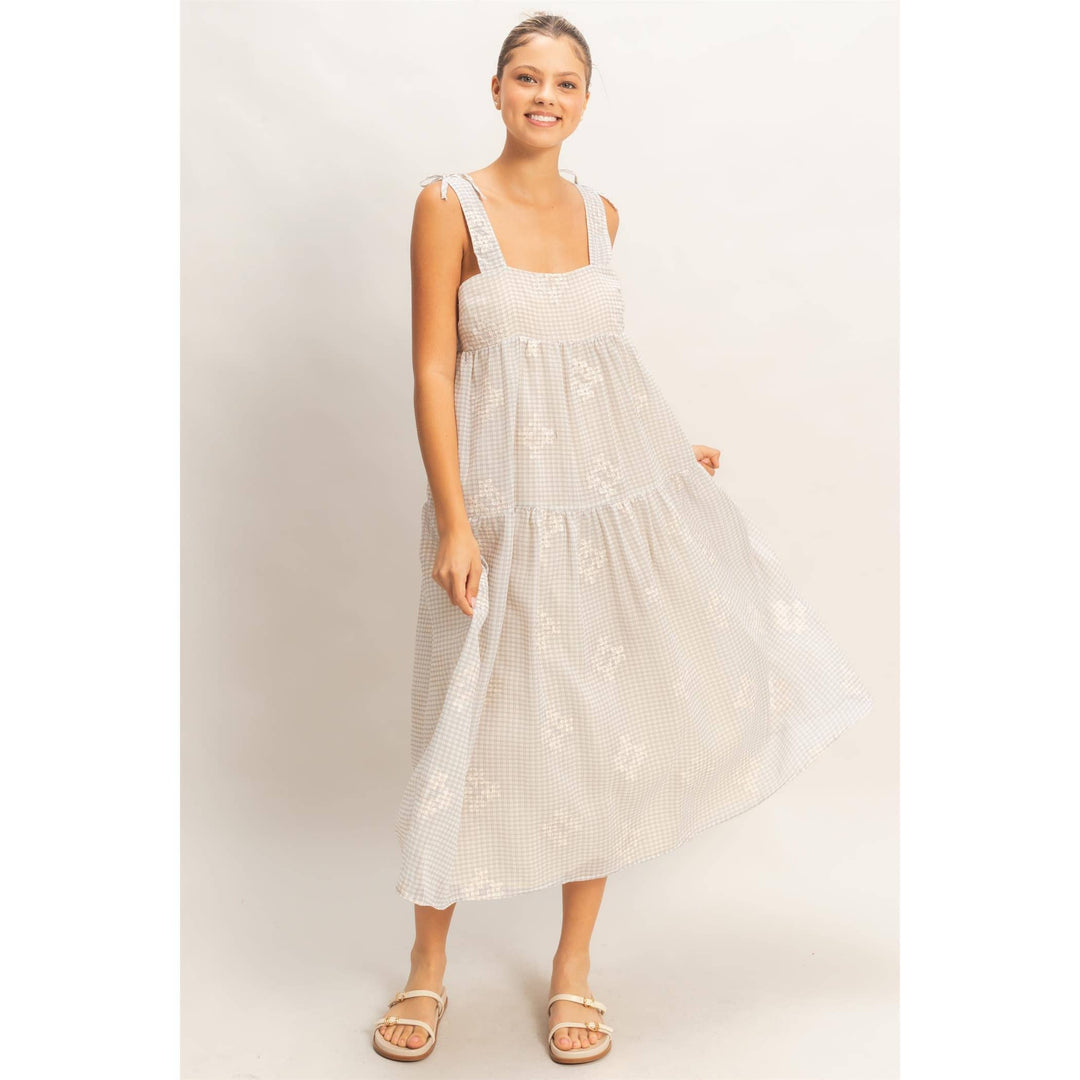 Dresses - Tiered Gingham Dress With Embroidery - - Cultured Cloths Apparel