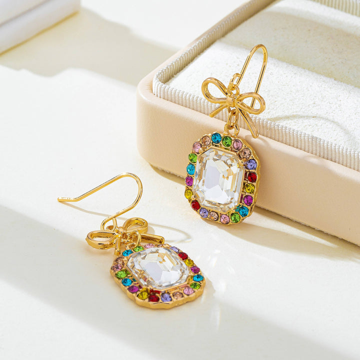 Accessories, Earrings - Bow & Emerald-Cut Rainbow Crystal Drop Earrings | 80E62407 - - Cultured Cloths Apparel