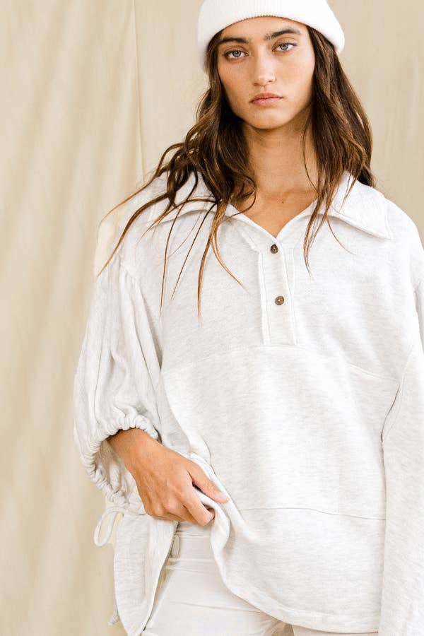Women's Short Sleeve - Gray Oversized Drawstring Tie Sleeves Detail Solid Top - - Cultured Cloths Apparel