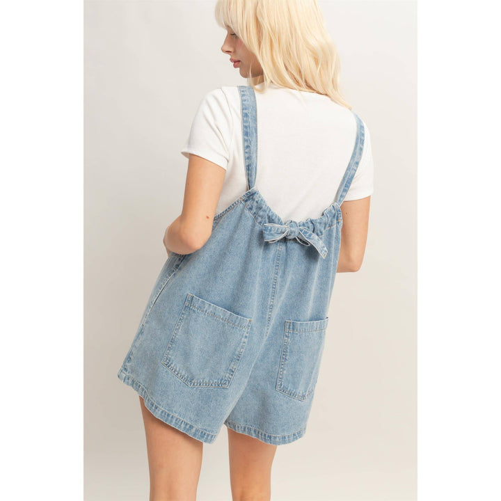 Denim Romper With Gathered Neck