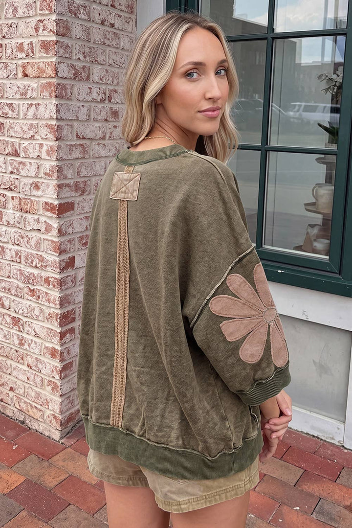 Mineral Wash Raw Seam Patchwork 3/4 Sleeve Top