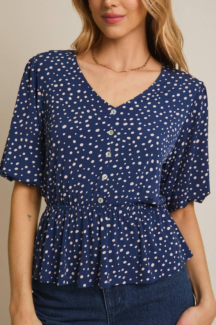Women's Short Sleeve - V-NECK PUFF HALF SLEEVE FLARE HEM BUTTON UP DOT TOP - - Cultured Cloths Apparel