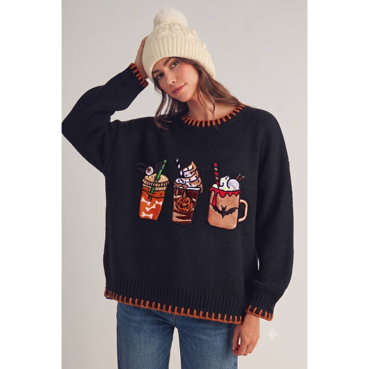 Halloween Drinks Stitched Loose Fit Sweater Top