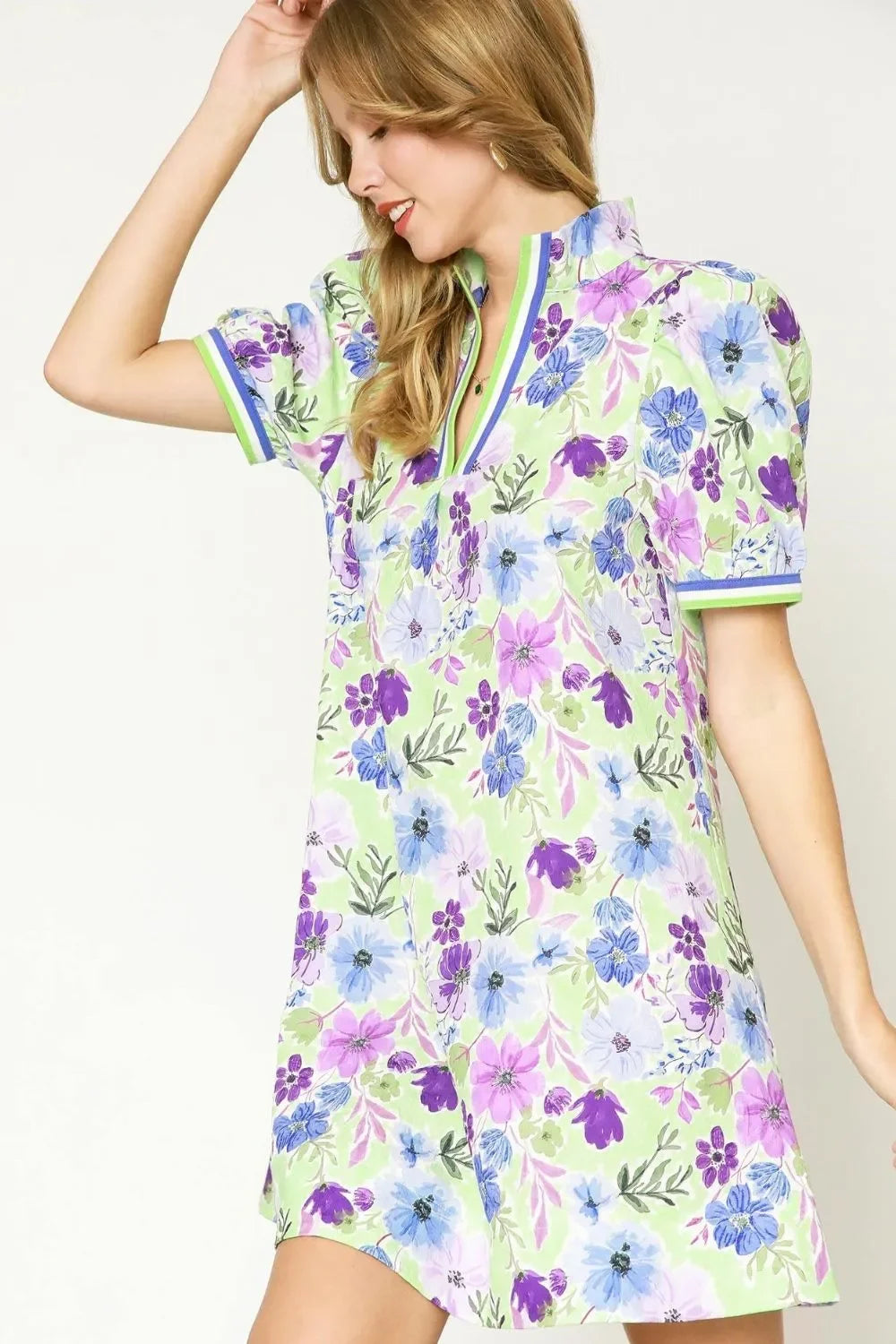 Women's Dresses - Umgee Floral Print Short Puff Sleeve Mini Dress - - Cultured Cloths Apparel
