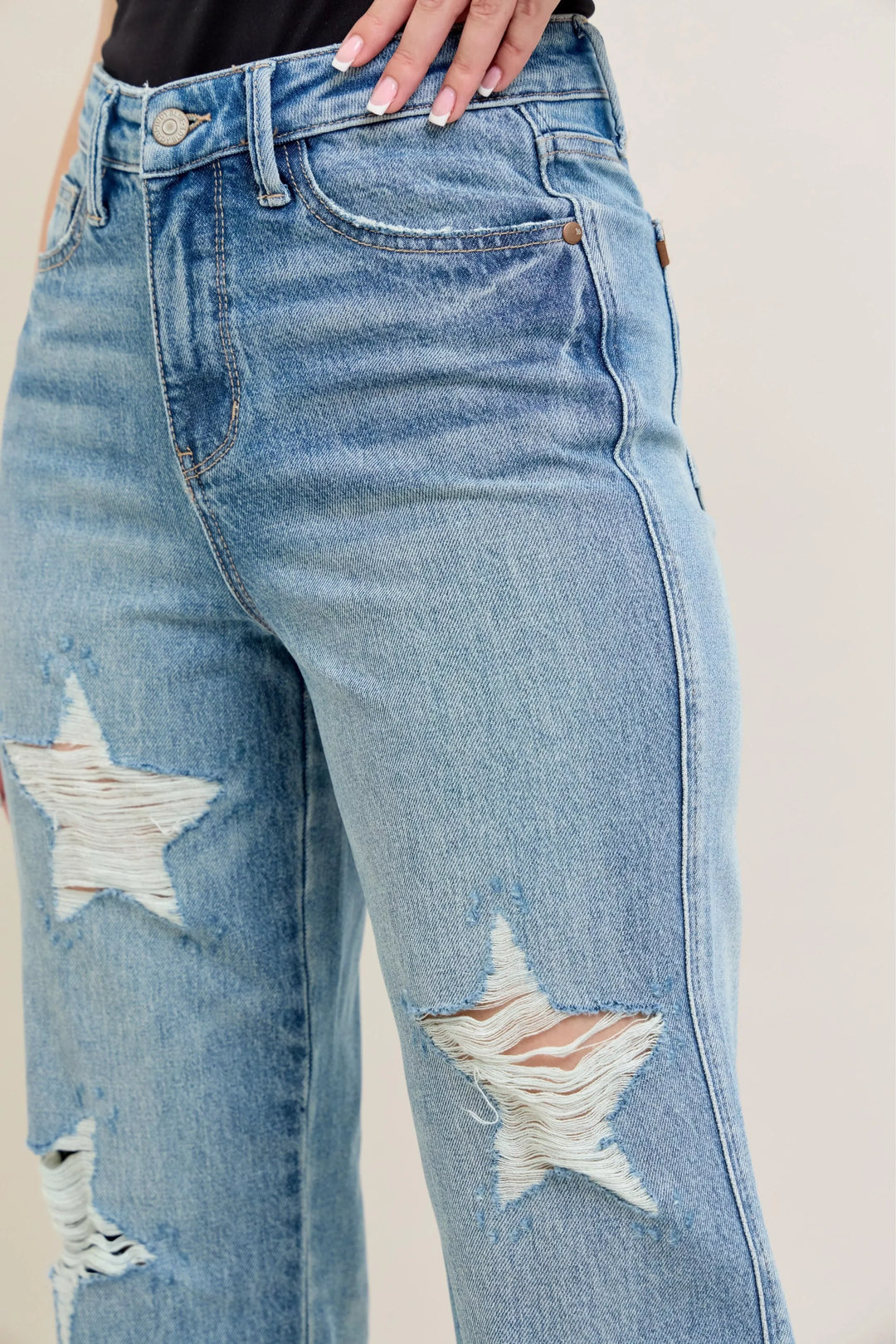 Denim - Judy Blue Full Size High Waist Rigid Magic Star Shaped Destroy 90's Straight Jeans Plus Size - - Cultured Cloths Apparel