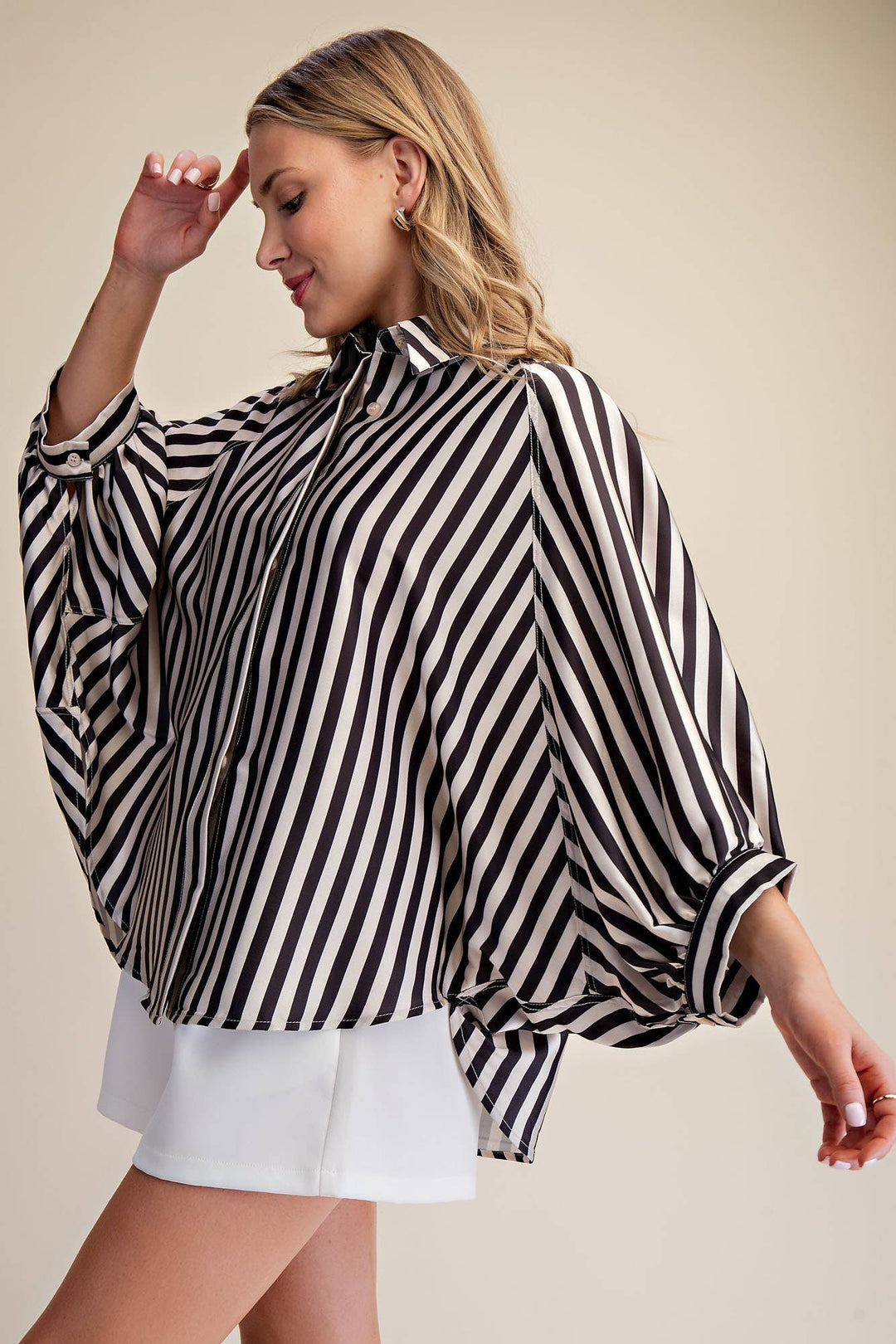 Women's 3/4 Sleeve - Balloon Dolman Sleeve Button Front Oversized Shirt - - Cultured Cloths Apparel