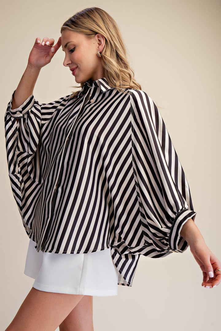 Women's 3/4 Sleeve - Balloon Dolman Sleeve Button Front Oversized Shirt - - Cultured Cloths Apparel