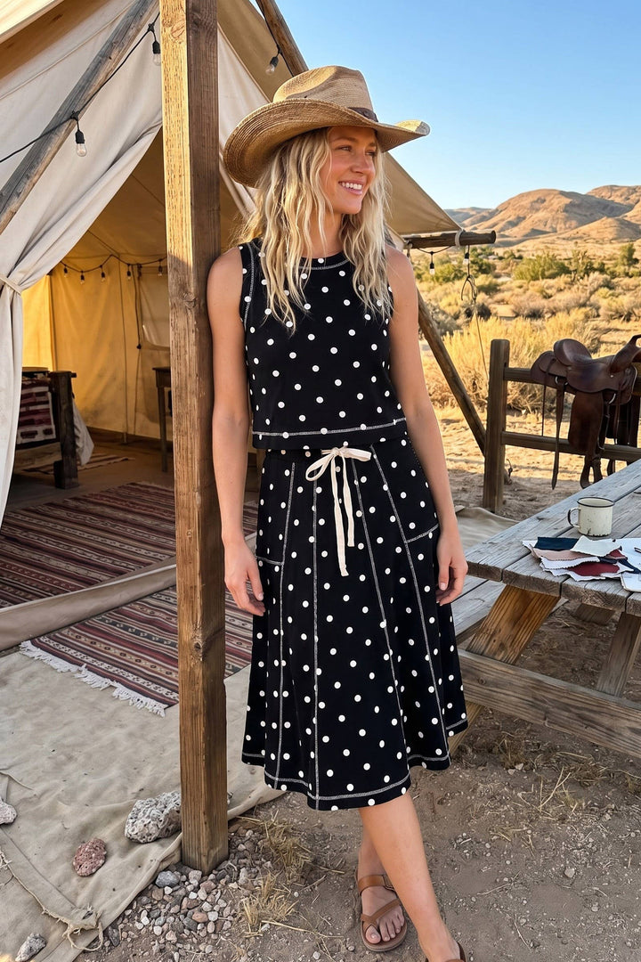 Retro Dot Tank & Midi Skirt Set