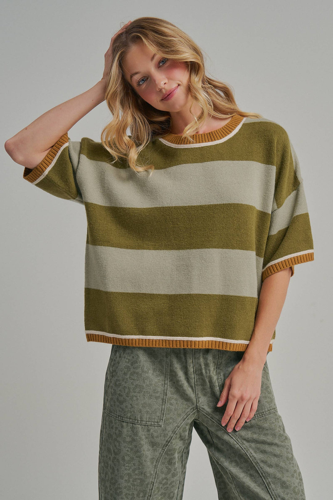 WIDE STRIPE LOOSE FIT DROP SHOULDER SWEATER TOP