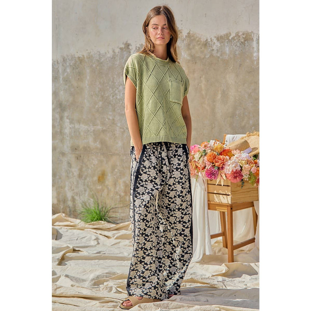 FLORAL JACQUARD SIDE LACE TRIM ELASTIC PANTS
