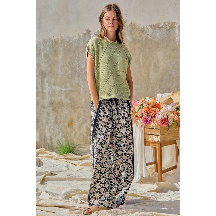 FLORAL JACQUARD SIDE LACE TRIM ELASTIC PANTS