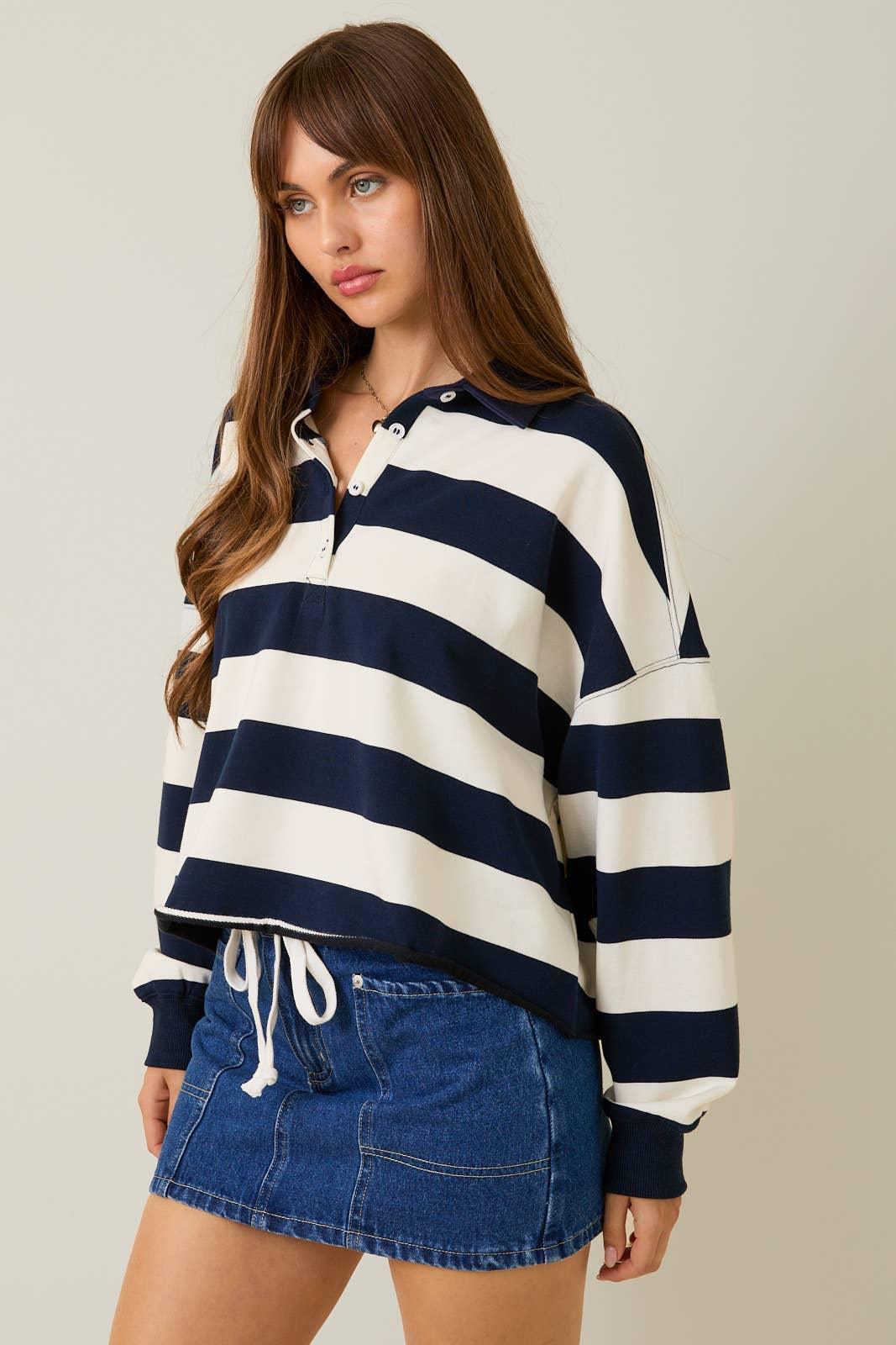 Women's Long Sleeve - RUGBY POLO TOP IN STRIPE WITH FRONT BUTTONS - - Cultured Cloths Apparel