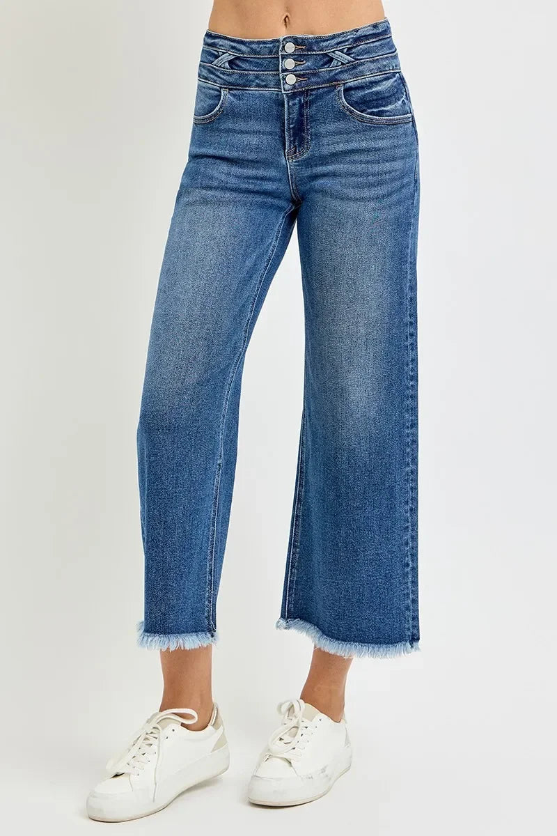 Denim - RISEN High Rise Crop Wide Leg Jeans with Wide Band Detail - - Cultured Cloths Apparel