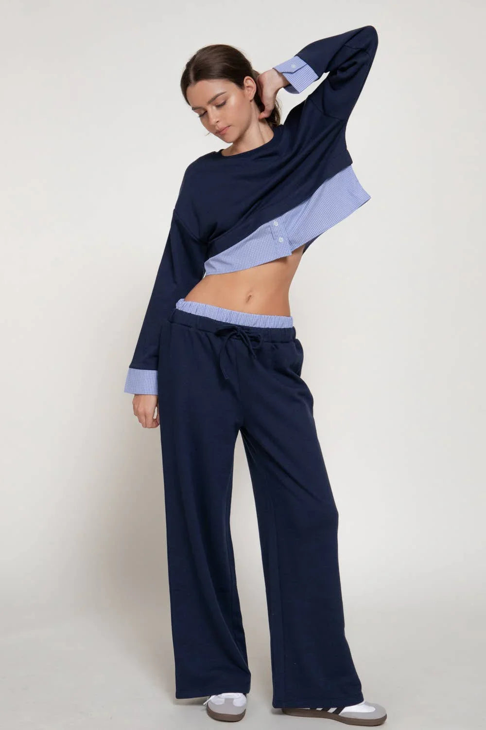 Elastic Waist Long Pants with Contrasting Check Panel