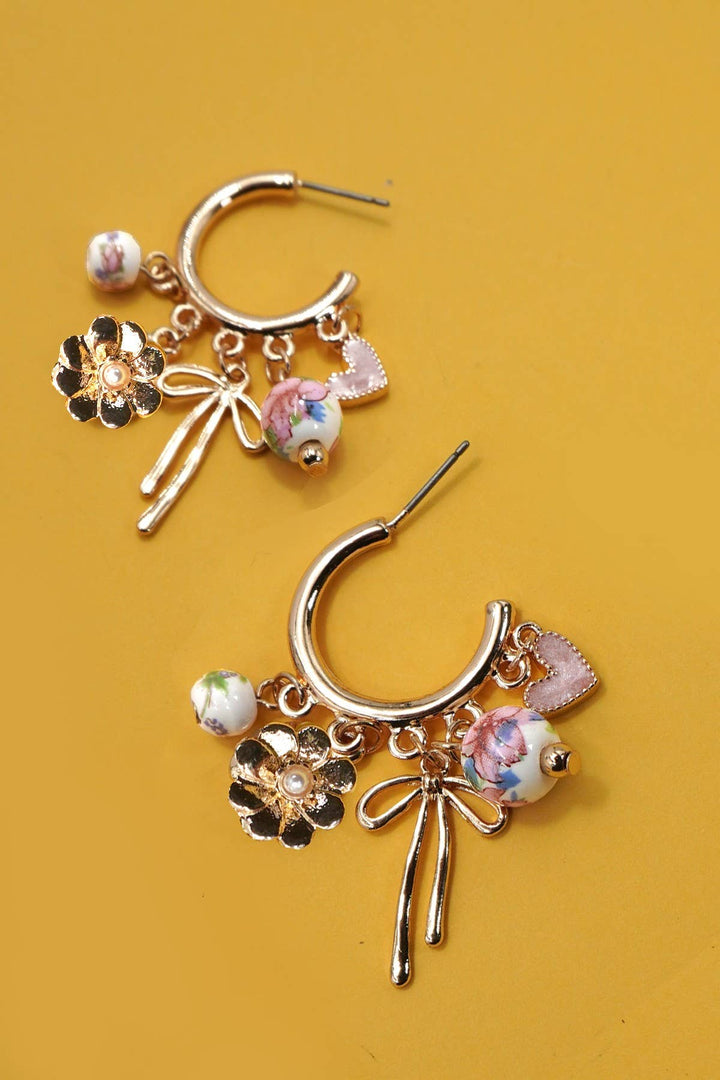 Accessories, Earrings - CERAMIC PORCELAIN BOW FLOWER CHARM DROP HOOP | 80E6644 - GOLD - Cultured Cloths Apparel