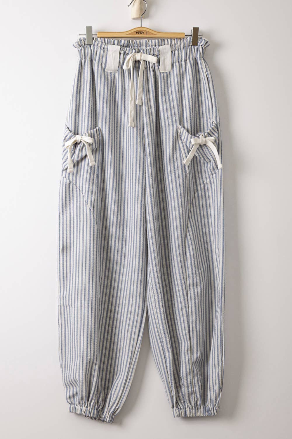 Pants - NP71004-Bow Detail Stripe Textured Woven Pants - - Cultured Cloths Apparel